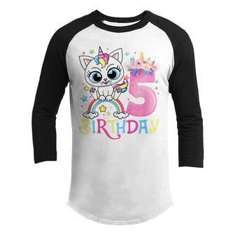 Kids Cute Cat Unicorn Face Floral 5 Year Old 5Th Birthday Girls Youth Raglan Shirt - Thegiftio UK