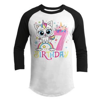 Kids Cute Cat Unicorn Face Floral 7 Year Old 7Th Birthday Girls Youth Raglan Shirt - Thegiftio UK