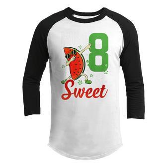 Kids Cute Im 8 Years Old & Sweet Dabbing Watermelon 8Th Birthday Youth Raglan Shirt - Thegiftio UK