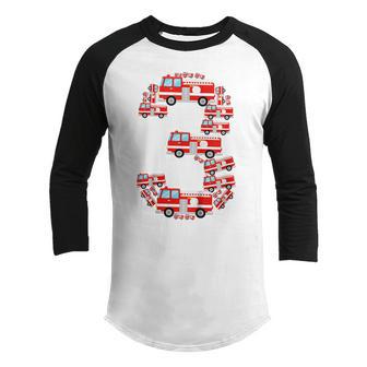 Kids Fire Truck 3Rd Birthday Boy 3 Year Old Toddler Firefighter Youth Raglan Shirt - Thegiftio UK
