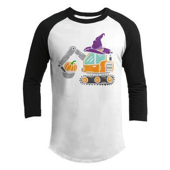 Kids Halloween Construction Excavator Truck Pumpkin Boys Kids Youth Raglan Shirt - Thegiftio UK