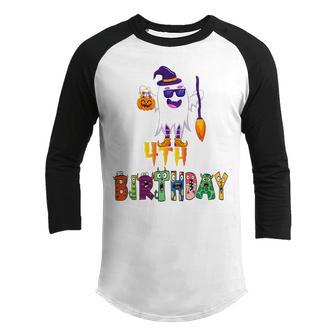 Kids Its My 4Th Birthday Ghost Pumpkin With Broom Halloween Youth Raglan Shirt - Thegiftio UK