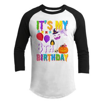 Kids Its My 8Th Birthday Gift Ghost Pumpkin Halloween Costume Youth Raglan Shirt - Thegiftio UK