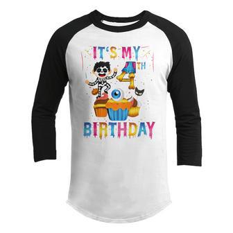 Kids Kids Its My 4Th Birthday Ghost Skeleton Halloween Costume Youth Raglan Shirt - Thegiftio UK