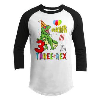 Kids Kids Three Rex Birthday Party Outfit Dinosaur 3 Year Old Boy Youth Raglan Shirt - Thegiftio UK