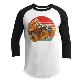 Kids Monster Truck Turkey Sunset Retro Thanksgiving Boys Toddler Youth Raglan Shirt - Thegiftio UK