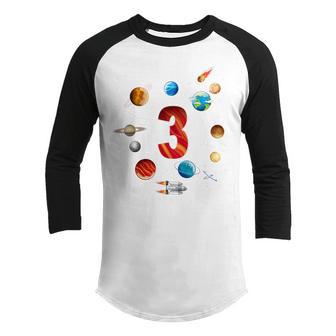 Kids Outer Space 3 Years Old 3Rd Birthday Boys Planets Astronaut Youth Raglan Shirt - Thegiftio UK