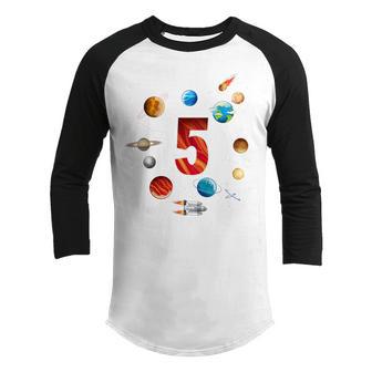 Kids Outer Space 5 Years Old 5Th Birthday Boys Planets Astronaut Youth Raglan Shirt - Thegiftio UK