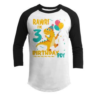 Kids Rawr Three Rex Im 3 3Rd Birthday Boy Dinosaur Party Gift Youth Raglan Shirt - Thegiftio UK