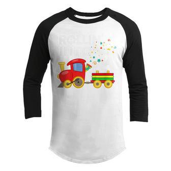 Kids Rollin Into 2 Train 2Nd Birthday Party Toddler Boy Girl Youth Raglan Shirt - Thegiftio UK