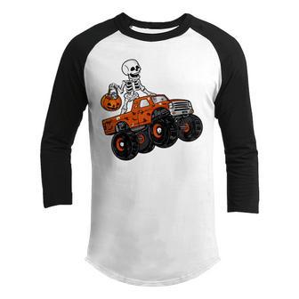 Kids Skeleton Riding Monster Truck Lazy Halloween Costume Pumpkin Youth Raglan Shirt - Thegiftio UK