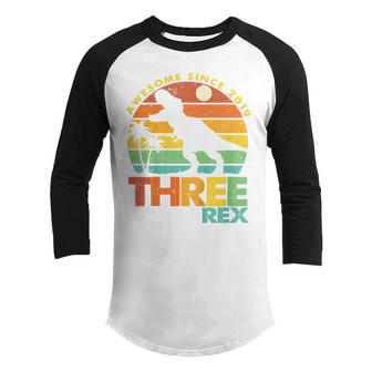 Kids Three Rex 3Rd Birthday Boy Third Dinosaur Awesome Since 2019 Youth Raglan Shirt - Thegiftio UK