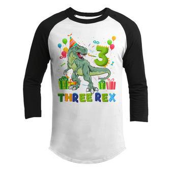 Kids Three Rex 3Rd Birthday Boy Third Dinosaur T Rex 3 Year Old Youth Raglan Shirt - Thegiftio UK