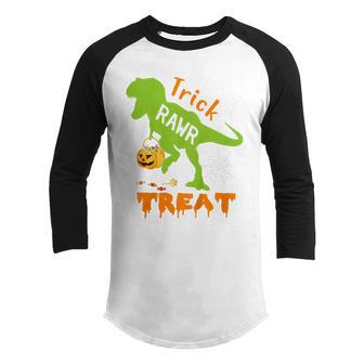 Kids Trick Rawr Treat Dinosaur Dino T Rex Toddler Boys Halloween Youth Raglan Shirt - Thegiftio UK