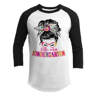 Little Miss Kindergarten Messy Bun Tie Dye Back To School V2 Youth Raglan Shirt - Thegiftio UK
