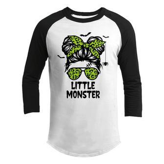 Little Monster For Girls Halloween Kid Youth Messy Bun Youth Raglan Shirt - Thegiftio UK