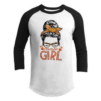 November Girl Messy Bun Happy Fall Holiday Halloween Costume Youth Raglan Shirt - Thegiftio UK
