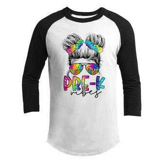 Pre K Vibes Messy Bun Girl Back To School First Day Tie Dye V3 Youth Raglan Shirt - Thegiftio UK