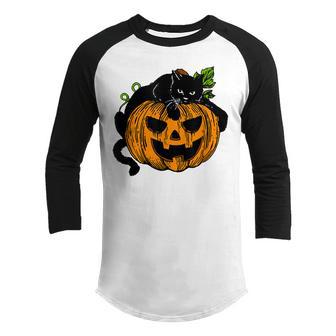 Pumpkin And Black Cat Girls Women Halloween Vintage Youth Raglan Shirt - Thegiftio UK