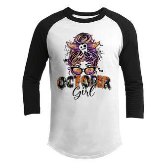 Retro Groovy October Girl Messy Bun Halloween Thanksgiving V2 Youth Raglan Shirt - Thegiftio UK