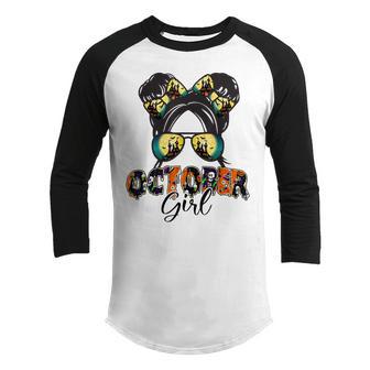 Retro Groovy October Girl Messy Bun Halloween Thanksgiving V3 Youth Raglan Shirt - Thegiftio UK