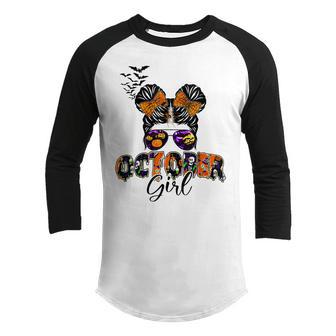 Retro Groovy October Girl Messy Bun Halloween Thanksgiving V6 Youth Raglan Shirt - Thegiftio UK