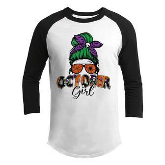 Retro Groovy October Girl Messy Bun Halloween Thanksgiving V7 Youth Raglan Shirt - Thegiftio UK