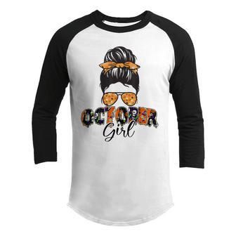 Retro Groovy October Girl Messy Bun Halloween Thanksgiving V9 Youth Raglan Shirt - Thegiftio UK