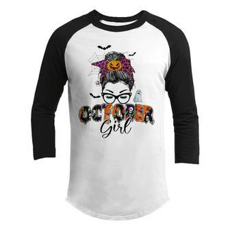 Retro Groovy October Girl Messy Bun Halloween Thanksgiving Youth Raglan Shirt - Thegiftio UK