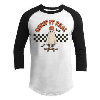 Retro Halloween Creep It Real Ghost Boy Fall Season Funny Youth Raglan Shirt - Thegiftio UK