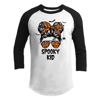Spooky Kid Halloween For Girls Youth Messy Bun Leopard Youth Raglan Shirt - Thegiftio UK