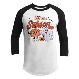 Tis The Season Pumpkin Halloween Funny Fall Vibes Women Men Youth Raglan Shirt - Thegiftio UK