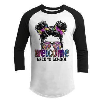 Welcome Back To School Daughter Girls Messy Bun Leopard Cute Youth Raglan Shirt - Thegiftio UK