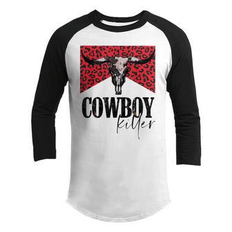Western Cowgirl Leopard Punchy Cowboy Killers Bull Horn Youth Raglan Shirt - Thegiftio UK