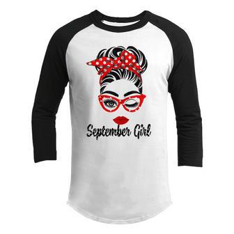 Womens Born In September Girl Wink Eye Woman Face Bandana Youth Raglan Shirt - Thegiftio UK