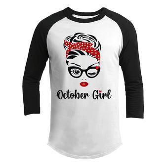 Womens October Girl Birthday Women Face Wink Eye Bandana Plaid Cute V2 Youth Raglan Shirt - Thegiftio UK