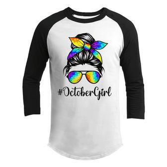 Womens October Girl Birthday Women Face Wink Eye Bandana Plaid Cute Youth Raglan Shirt - Thegiftio UK