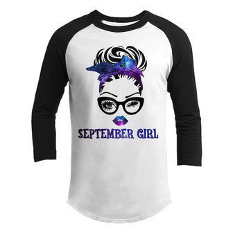 Womens September Girl Galaxy Wink Eye Woman Face Wink Eyes Lady V2 Youth Raglan Shirt - Thegiftio UK