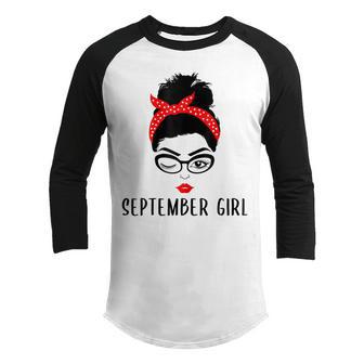 Womens September Girl Wink Eye Woman Face Birthday Youth Raglan Shirt - Thegiftio UK