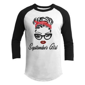 Womens September Girl Wink Eye Woman Face Born On Autumn Birthday Youth Raglan Shirt - Thegiftio UK
