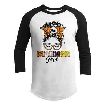 Womens September Girl Woman Face Wink Eyes Halloween Skull Pumpkin V2 Youth Raglan Shirt - Thegiftio UK