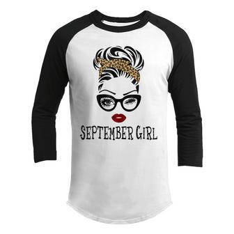 Womens September Girl Woman Face Wink Eyes Leopard Bandana Birthday V2 Youth Raglan Shirt - Thegiftio UK