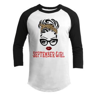 Womens September Girl Woman Face Wink Eyes Leopard Bandana Birthday Youth Raglan Shirt - Thegiftio UK