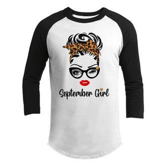Womens September Girl Women Face Wink Eye Leopard Bandana Birthday Youth Raglan Shirt - Thegiftio UK