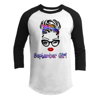 Womens September Girl Women Face Wink Eyes Birthday Youth Raglan Shirt - Thegiftio UK