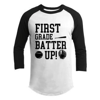 First Grade Batter Up Baseball Back To School 1St Grade Graphic Design Printed Casual Daily Basic Youth Raglan Shirt - Thegiftio UK