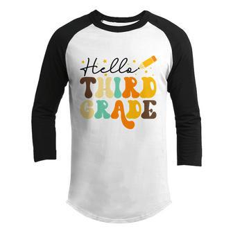 Groovy Hello Third Grade Vibes Retro Teachers Back To School Graphic Design Printed Casual Daily Basic Youth Raglan Shirt - Thegiftio UK