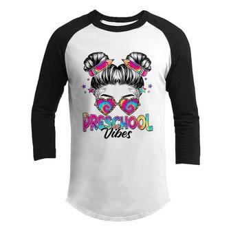 Preschool Vibes Messy Hair Bun Girl Back To School First Day Graphic Design Printed Casual Daily Basic Youth Raglan Shirt - Thegiftio UK
