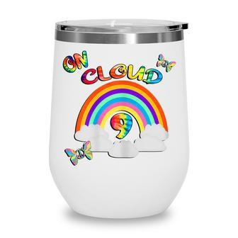 9Th Birthday Retro Rainbows Cloud 9 Happy Birthday Wine Tumbler - Thegiftio UK