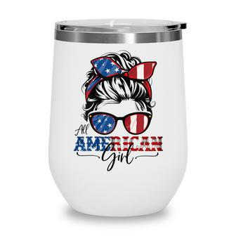 All American Girl 4Th Of July Women Messy Bun Usa Flag V2 Wine Tumbler - Seseable
